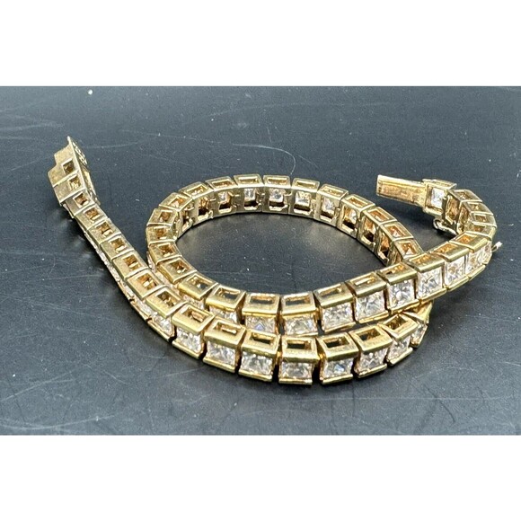 Tennis Bracelet Gold Tone 925 Box Chain Cubic Zirconia Signed R 7 1/2" - Picture 3 of 8